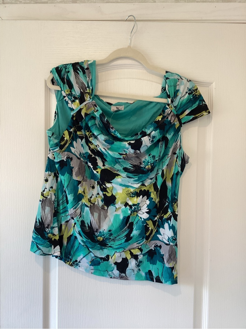 Worthington Teal Floral Cowl Neck Sleeveless Blouse XL BNWT